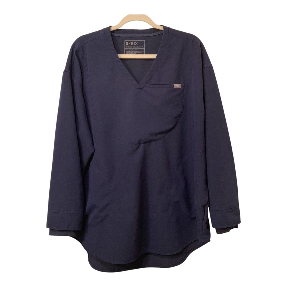 FIGS Women's Addison Long-Sleeve V-Neck Tunic Scrub Top in Navy Blue Size XL EUC